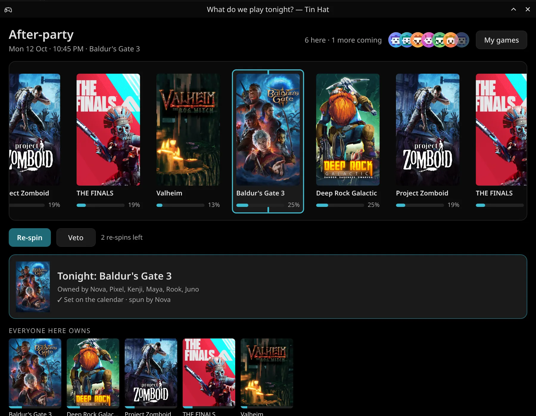 The Game Reel window, What do we play tonight: the crew's games (Valheim, Baldur's Gate 3, Deep Rock Galactic, Project Zomboid, THE FINALS) with each game's odds, Re-spin and Veto, and tonight's pick set on the calendar.