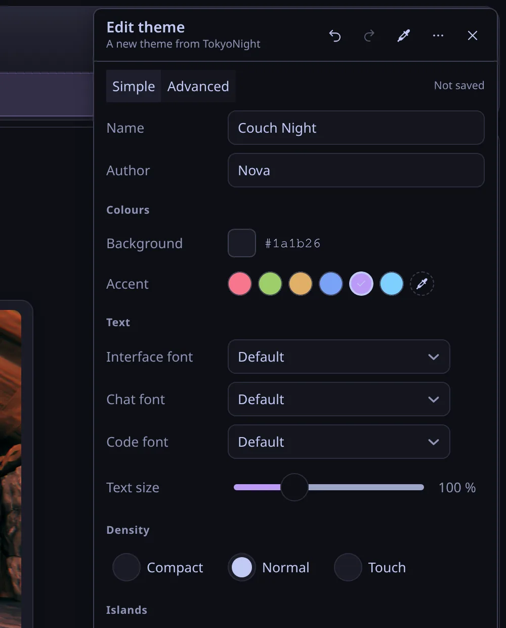 The theme editor making Couch Night from TokyoNight: background, accent, fonts, density and island corner radius, gap and border.