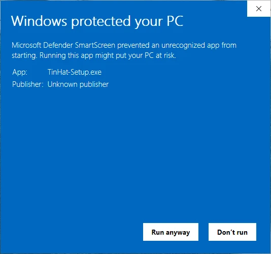 After More info: App TinHat-Setup.exe, Publisher Unknown publisher, and a Run anyway button.
